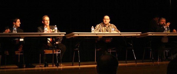 (From left) Shayne Saskiw, Phil Johnson, John Nowak and Ray Danyluk vie for support in Lac La Biche on April 3.