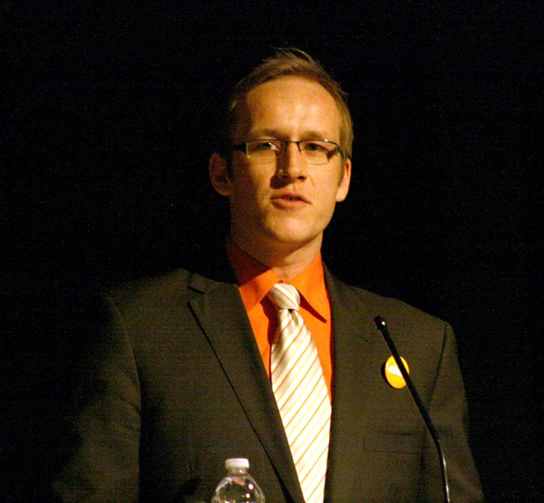 NDP candidate Phil Johnson speaks at a forum in Lac La Biche on April 3.