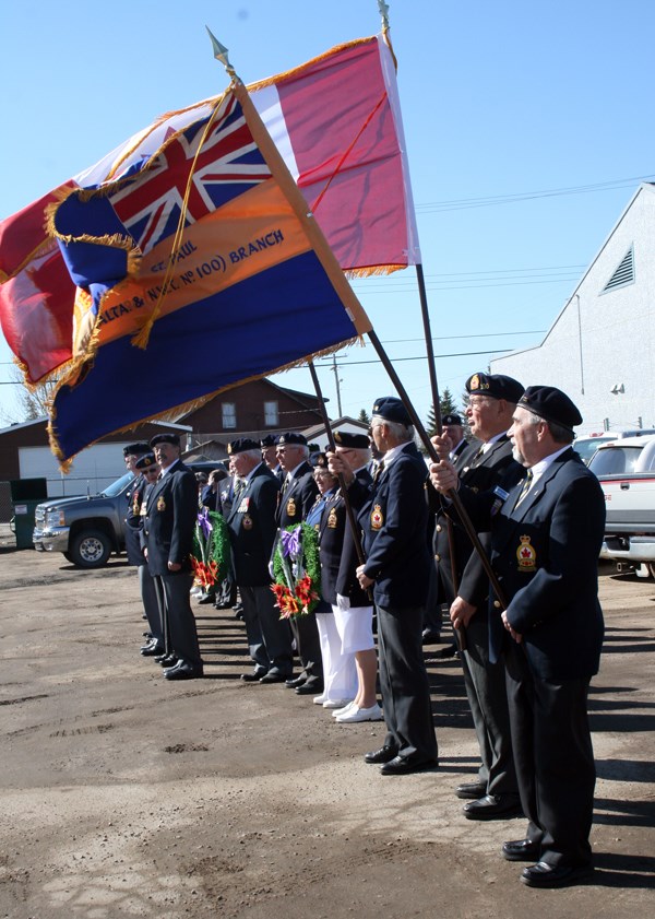 Legion members from across district 3 line up to follow to colour guard in the laying of the wreath ceremony at the district&#8217;s spring rally in St. Paul on Saturday. For 