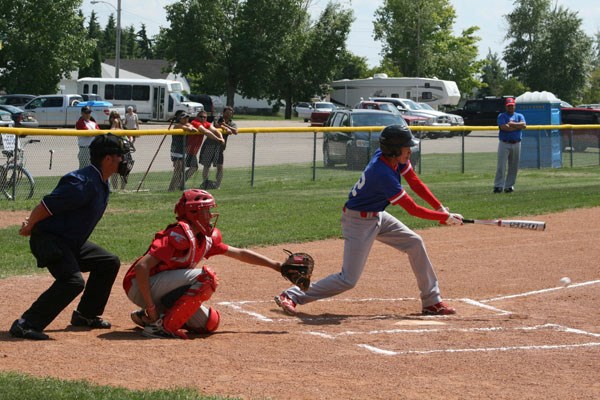 Devon Cardinal-Jackson bats for the St. Paul Storm, in the bantam boys team&#8217;s first of two games against Kikino during the Lakeland final tournament this weekend. St.
