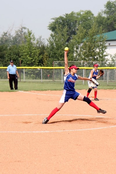 Brianna Stranger pitches the ball during the Storm&#8217;s first game at the provincial tournament in St. Paul on Friday.