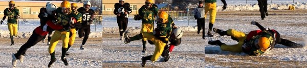 Lions defensive tackle Ryan Chrapko delivers a huge hit on a Wildcats ball-carrier during their 31-14 victory in Stettler on Saturday. Chrapko was aptly given the moniker
