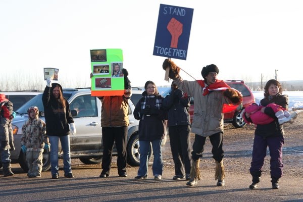 Members of Cold Lake First Nations gathered on Dec. 15 along Highway 28 to protest the Government of Canada&#8217;s treatment of First Nations people and Bill C-45. This