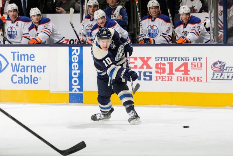 Mark Letestu fires a shot on goal during the Columbus Blue Jackets home game against the Edmonton Oilers.