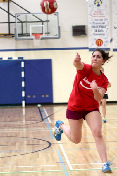 Monique Feland fires a ball on goal during a drill at a Mallaig handball practice last Thursday.