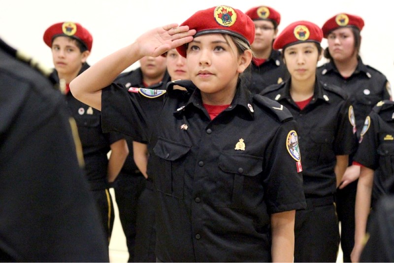 Lance Cpl. Shakina Shirt of the Saddle Lake Cadets salutes her superior officers during the year-end inspection, on April 24.