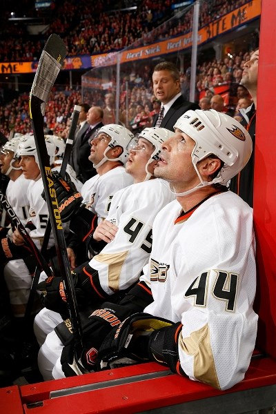 Sheldon Souray and his Anaheim teammates look to the scoreboard during a regular season game.