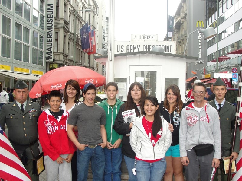 The Mallaig Cadet Corps stop by Checkpoint Charlie in Berlin, Germany.