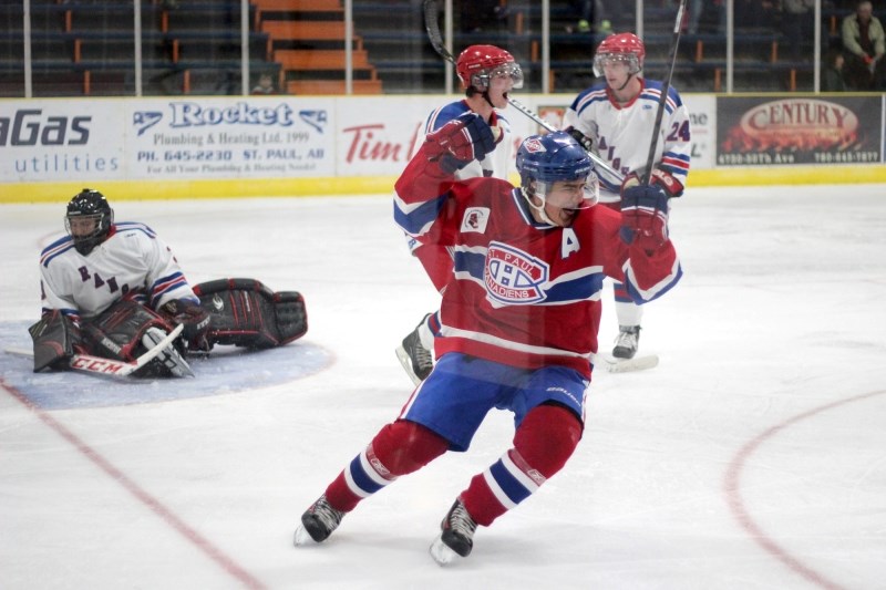 Jalel Abougouche celebrates after scoring a goal in the St. Paul Canadiens 4-1 victory over the Vegreville Rangers on Saturday. Abougouche currently leads the Canadiens in