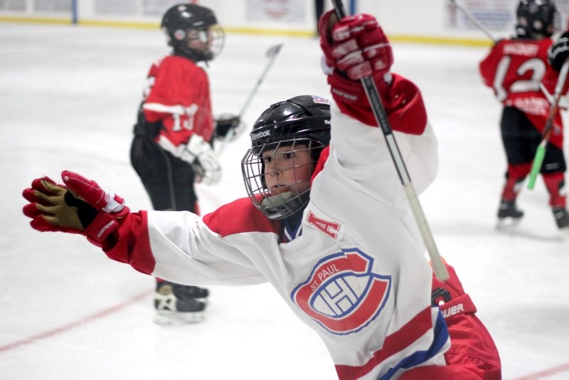 Jayden Joly celebrates scoring the St. Paul Atom 1 Canadiens first goal of the evening against the Lloydminster Blazers at the CAP Arena on Saturday night. The game ended in