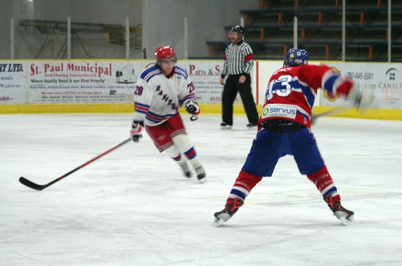 St. Paul Canadiens&#8217; right wing Tyler Bunce winds up for a shot at Vegreville&#8217;s net on Jan. 4, at the Clancy Richard Arena. After a close game, St. Paul came out