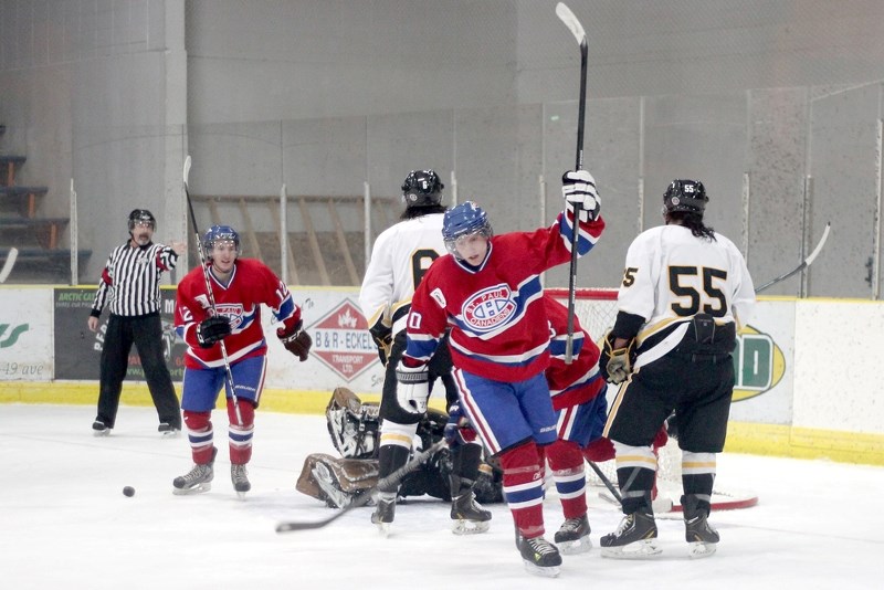 St. Paul Canadiens&#8217; forward Pierre Beaudoin celebrates scoring his second goal of the night in Saturday&#8217;s 6-2 victory over the Onion Lake Border Chiefs at Clancy