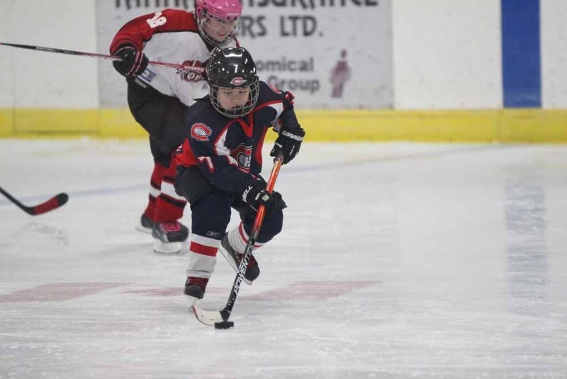 Peyton Duquette races for the net during the Novice 2 Canadiens home tournament on Jan. 24.