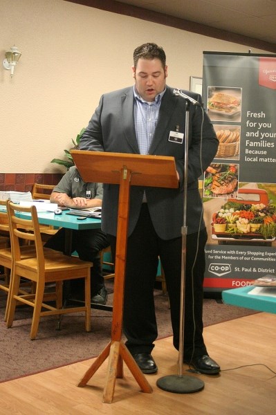 St. Paul and District Co-op General Manager Graham Getz speaks to association members and guests about the past year&#8217;s progress. His speech was part of the AGM, held on 