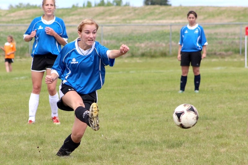 St. Paul U18 player Juliana Nunweiler fires a shot on goal during a match against Lac La Biche at the Lakeland Cup on Sunday.