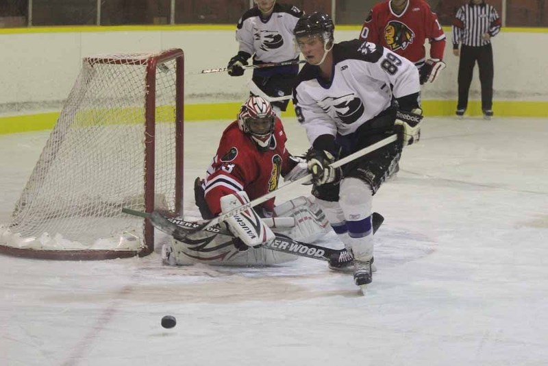 Warriors goaltender Shaquille Steinhauer turns away a shot versus Cold Lake during a home game on Nov. 7.