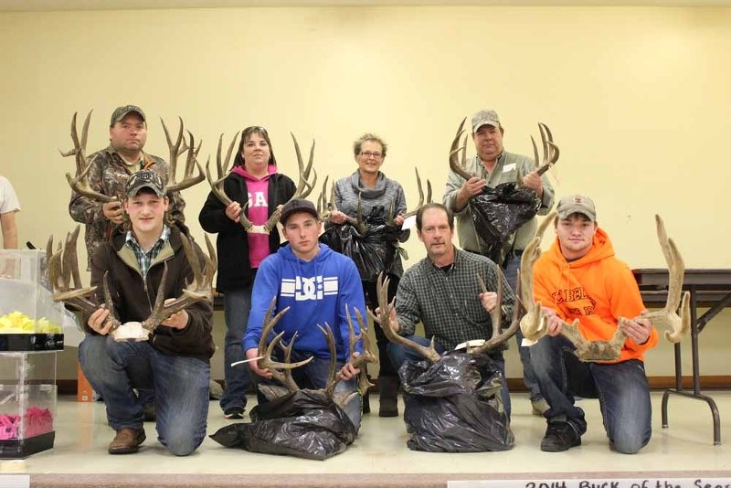 The winners of this year&#8217;s Ashmost Buck of the Season contest: (front row, from left to right) Clark Gates, Cole Feniak, Guy Piquette, Brayden Mytz, (back row) Kelly