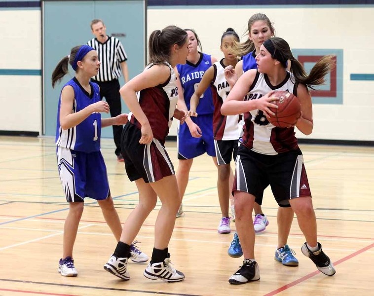Panthers player Coralee Boisclair looks for an outlet in traffic during Jr. SPAA basketball action against Racette on Jan. 15.