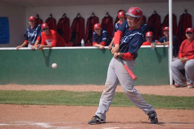 Stewart Kotowich braces to get a piece of the baseball at his turn at bat during the St. Paul Storm&#8217;s Saturday game against Vegreville. The Storm won that game 10-0