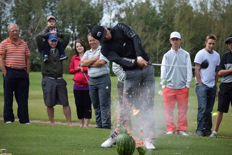 Jamie Sadlowski&#8217;s closing act to his hitting show on Sunday at the St. Psaul Golf Club was blasting a golf ball through a watermelon. The ball travelled over 300 yards.