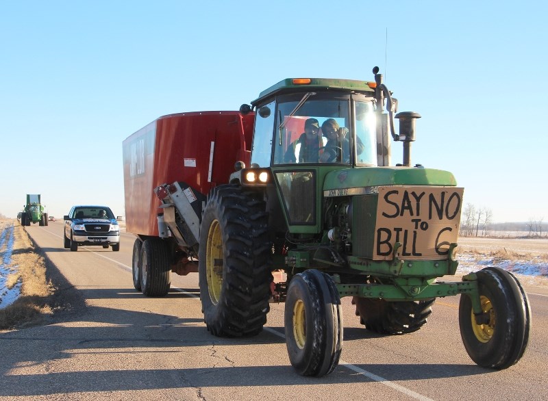 Farmers from the area gathered across Highway 28 near Glendon and drove farm equipment down the road in protest of Bill 6. Other protests were taking place across the