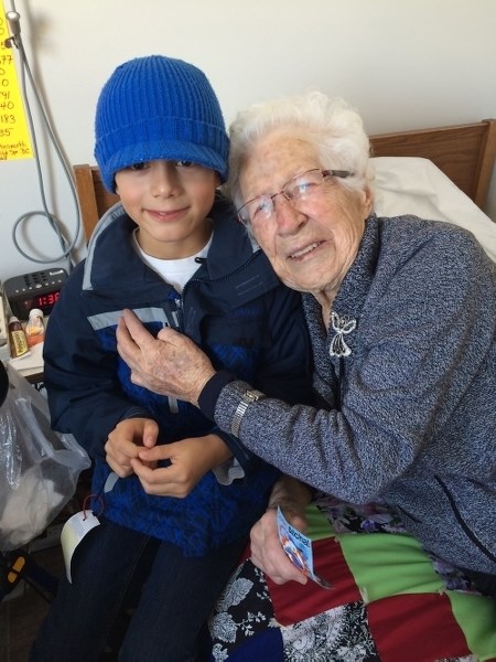Joe Pilipchuk and his Grade 2 class were among the students making deliveries to Sunnyside Manor residents last week, with Joe&#8217;s great-grandmother Julia Petruk one of