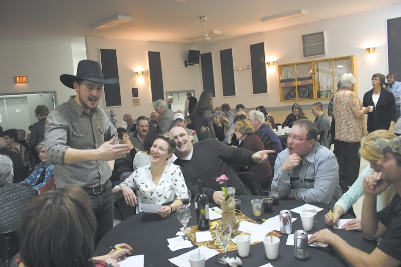 J.P. and Rhea Dechaine share a laugh with one of the actors at Boscobe&#8217;s first ever dinner theatre.