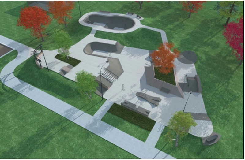 A conceptual drawing shows what a planned 20,000 sq. ft. skatepark might look like. A site for the project has yet to be approved.