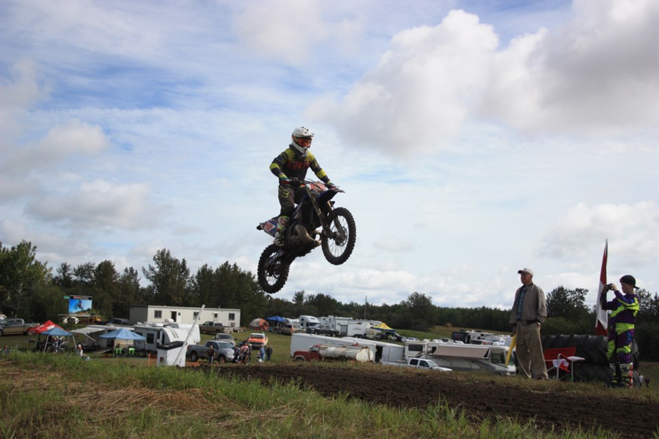 The Spedden B3 Motocross Park hosted the Fountain Tire Cup this past weekend, with the event focused on young riders. Here, a pro rider takes a jump at full speed during a