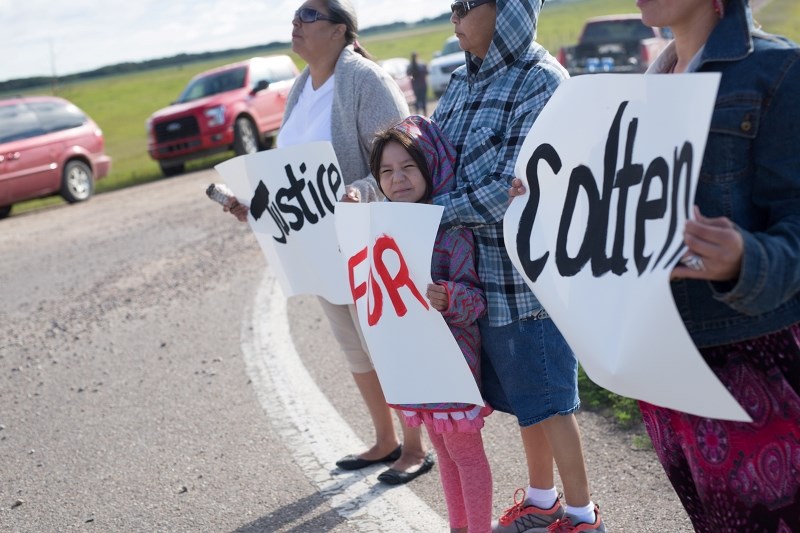 About a dozen people gathered at the turnoff to Saddle Lake from Highway 29 last week, holding a rally asking for justice for Colten Boushie, who was killed in a rural