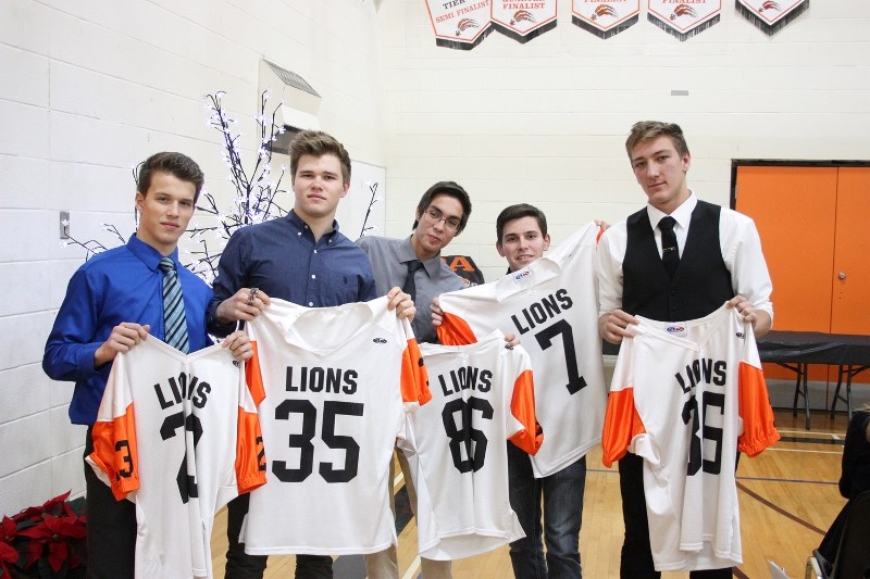 Graduating players Madiosn Brousseau, Spencer Graling, Liam Elliot, Marlin Melnyk, and Brad Dubrule were given their team jerseys at the conclusion of their final season with 