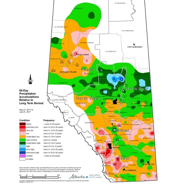 This Agro-Climate map from Alberta Agriculture and Forestry shows the County of St. Paul received anywhere from normal to moderately high rainfall in a 60-day period between