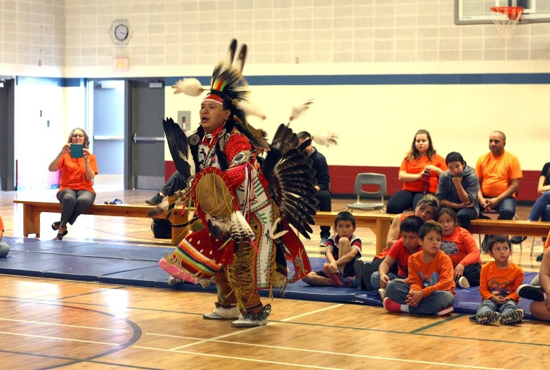 Trevor Quinney performs a men traditional dance during Vilna&#8217;s Sept. 29 Orange Shirt Day celebrations.