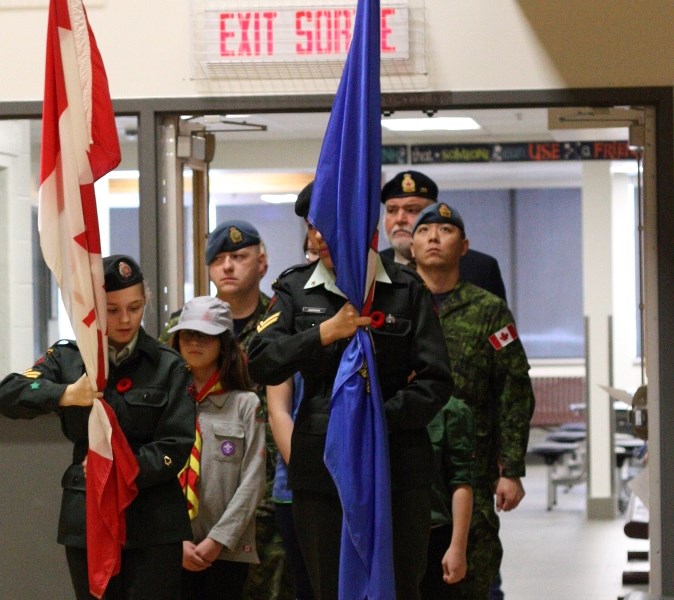 Cadets led a procession into Racette Junior High School for the school&#8217;s Nov. 10 Remembrance Day ceremony.