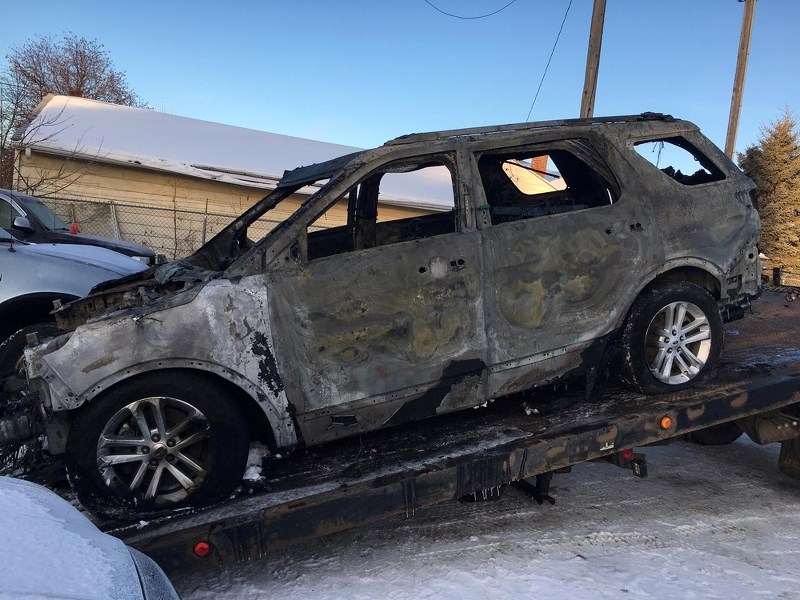 A burnt out vehicle is pictured following a break-in at Northpark Collision, last week.