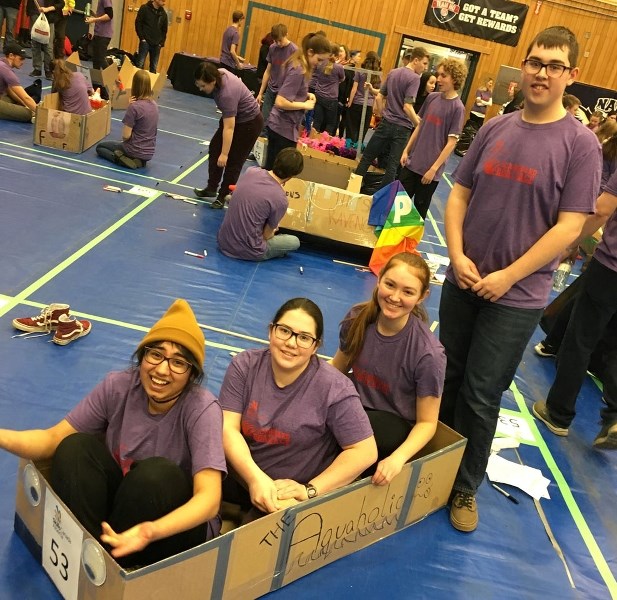 Fatima Iftikhar, Kezia Hatch, Leah Page, and Ethan Briggins competed in the Skills Canada cardboard boat making event.