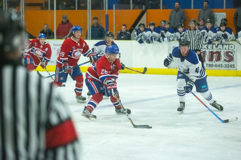 Canadiens&#8217; captain Dyson Roy takes the puck toward the night during Game 1 of the St. Paul/Cold Lake playoff series, Feb. 17. St. Paul heads to Cold Lake to take on the 