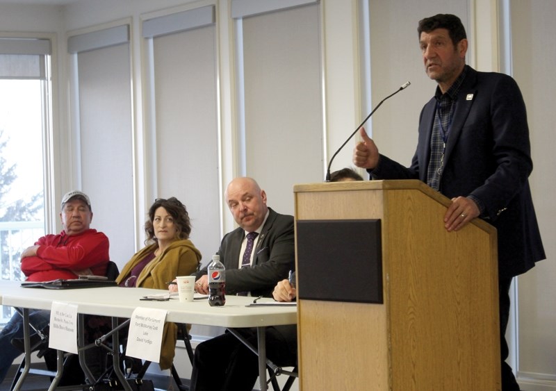 Lac La Biche County mayor Omer Moghrabi addresses the crowd of 30 or so people who turned out to the Rural Crime Forum hosted in the McArthur room in McArthur Place March 13. 