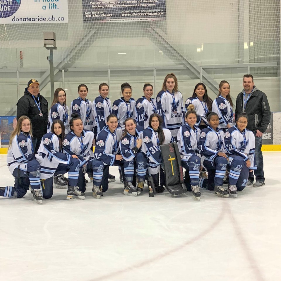 Silver medalist girls midget Ice Hawks team from the Lac La Biche area.