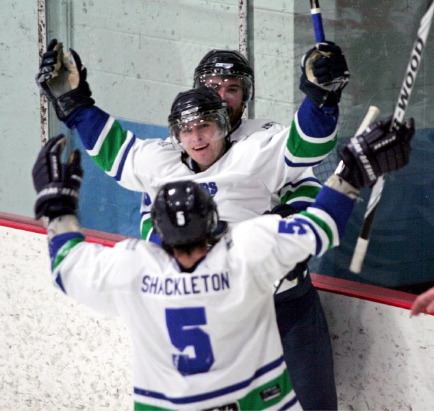Lac La Biche players celebrate one of the five goals scored in their 5-1 win against league-leading SAIT in last weekend&#8217;s double home game series.