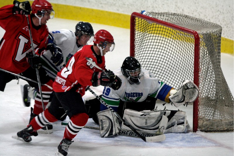 Voyageurs goaltender Justin Borsa makes a save at last Friday night&#8217;s game in Lac La Biche. The local team lost 1-0.