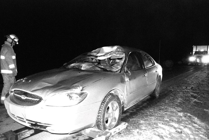 An 83-year-old Plamondon woman suffered minor injuries when she hit a moose last Tuesday evening on Hwy 55.