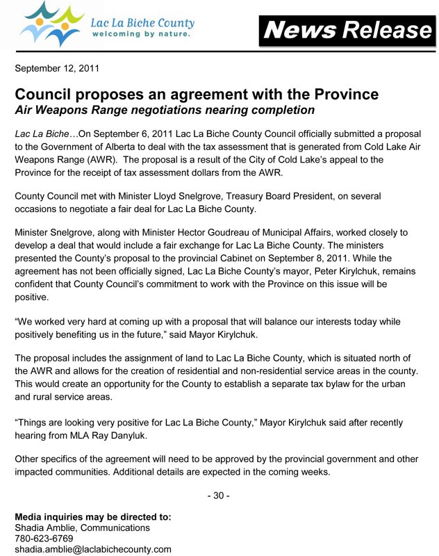 The County-issued press release about the changes to Lac La Biche County&#8217;s jurisdiction with the bombing range going to Cold Lake. For more detailed information, check