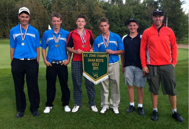 Left to right: Brendan Boucher, Brett Skakun, Micheal Bouchard, Corey Leach, alternate Trevor Frohler, and Coach Wade Coutney after winning the High School Zones in St. Paul