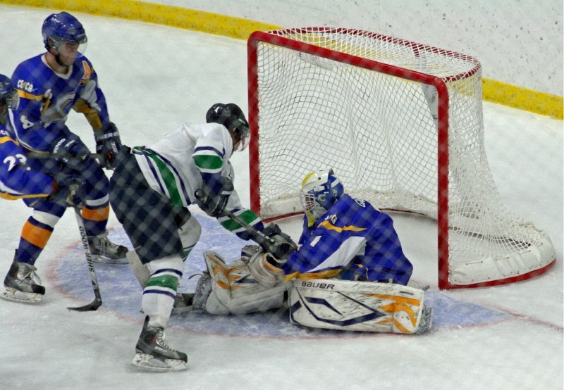 Concordia Thunder&#8217;s goalie stops a puck from entering his net at the Bold Center on Oct. 15.