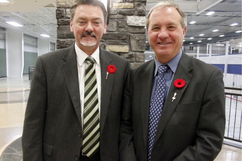 Treasury Board president Doug Horner (left) and Minister of Finance Ron Liepert at the Bold Center last Tuesday to meet with invited guests to talk about Alberta&#8217;s 2012 