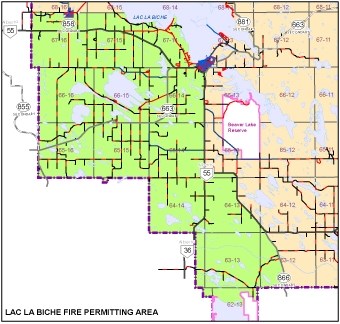 Residents living in the green area, which includes parts of the Hamlets of Lac La Biche and Plamondon, will need a provincial fire permit for any burning besides campfires.