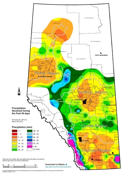 This map shows the precipitation across Alberta in the last month, with the Lac La Biche County region receiving a healthy amount of moisture in the form of snow and rain.