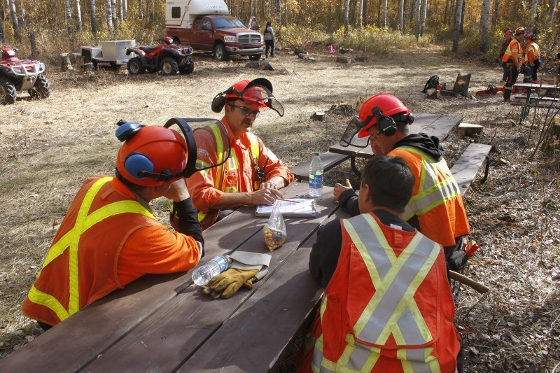 Dale Crossland debriefs his unit after another long day in the Lac La Biche bush. The men will now get ready to take their training exam to become fully certified falling