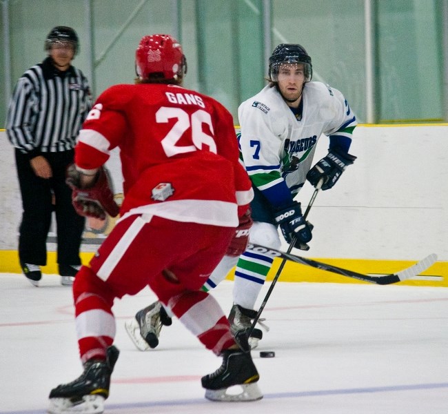 Taylor Epp picks up the loose puck and flies down the wing on Friday night&#8217;s matchup. The game ended poorly for the Voyageurs watching their second period lead slip